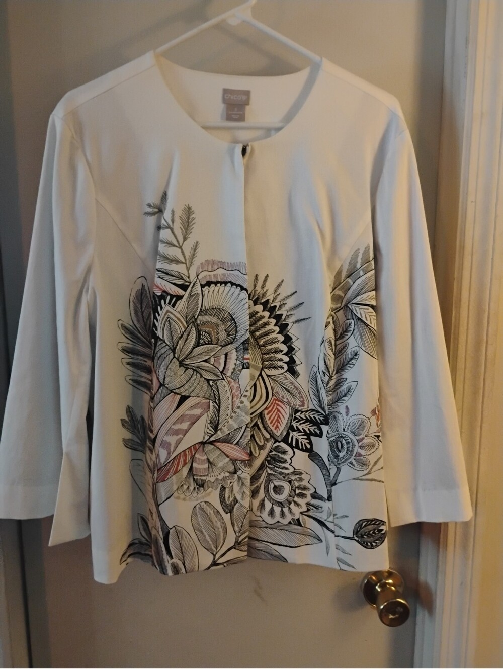 Chico's White Floral Sketch Jacket Open Front Blazer